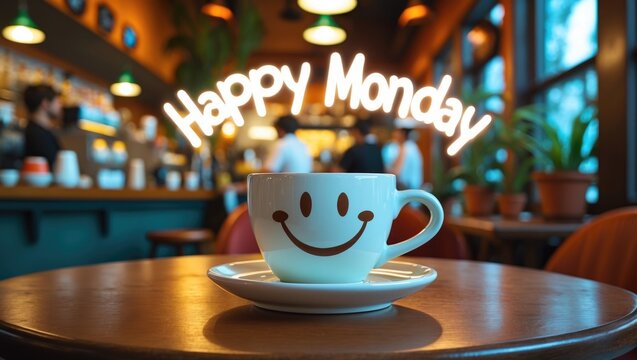 Happy Monday coffee mug on a wooden surface featuring a smiling face on the mug.