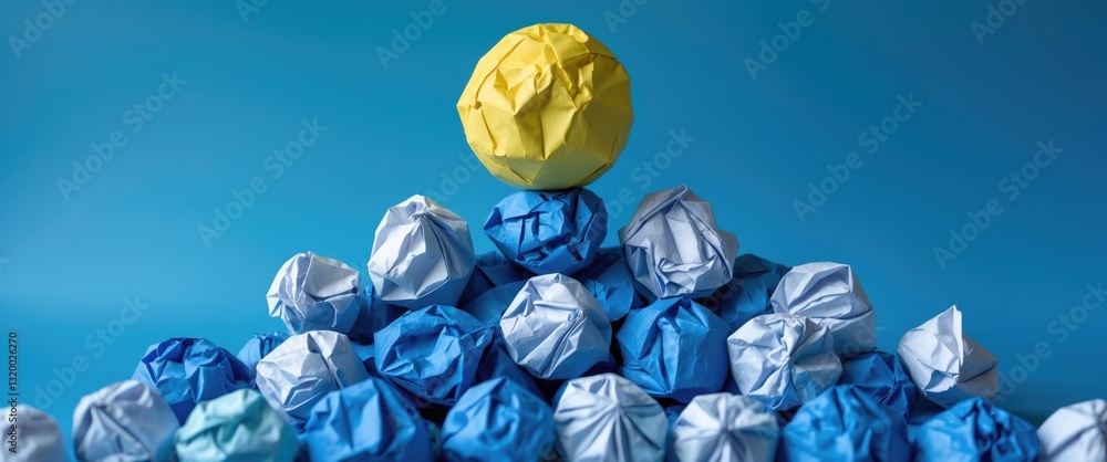 Poster concepts of idea and creativity featuring a crumpled paper ball arranged in a mountain shape. think 