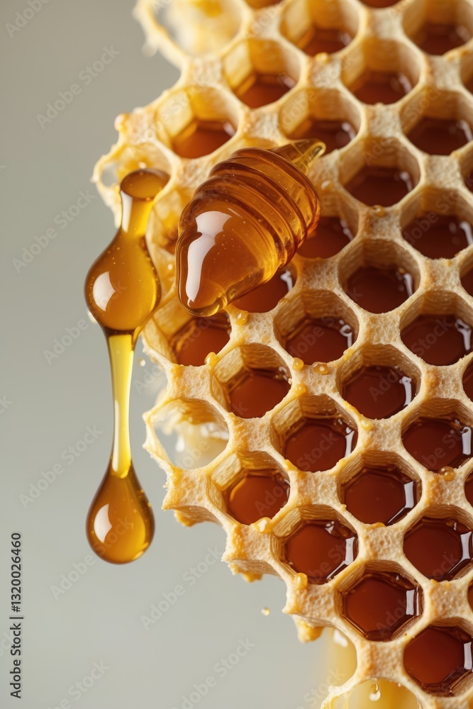 Poster honeycomb dripping with golden honey against a white backdrop. close-up view emphasizing the texture