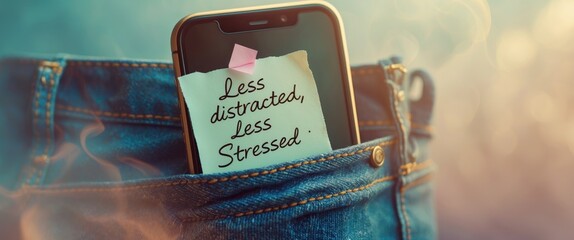 Handwritten note in jeans pocket attached to mobile phone about decision making to avoid social media for more time for other activities, less distracted and less stressed.