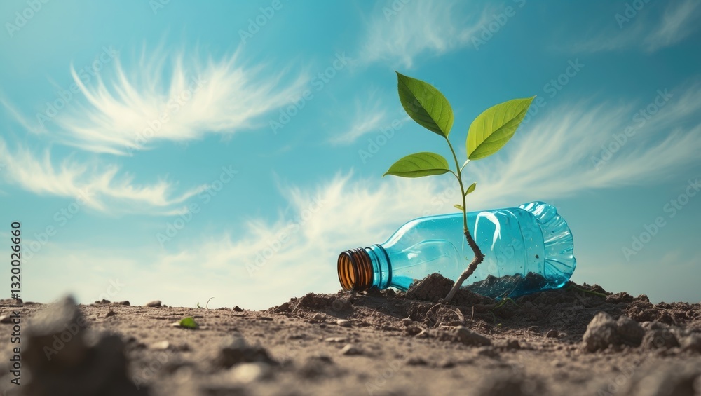 Poster green plastic bottle fragment with a sprouting leaf. environmental message displayed in a horizontal