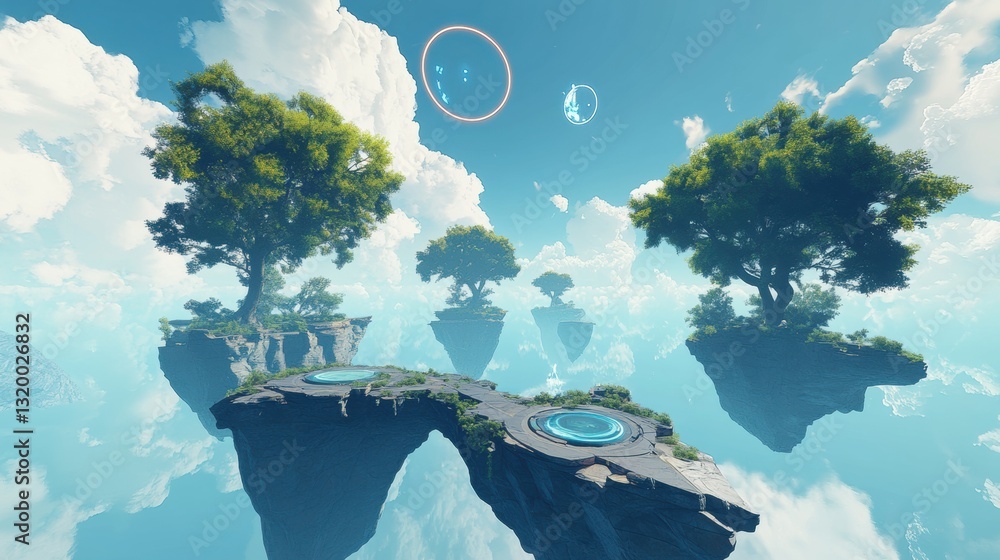 Poster floating islands connect virtual worlds through mystic portals in a serene atmosphere of the metaver