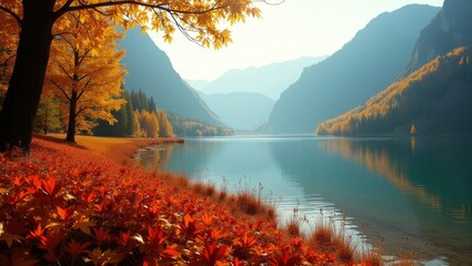 Indian summer in the Rocky Mountains. The banks are adorned with red, yellow, and orange foliage. Lakes and peaks blanketed in golden autumn leaves.
