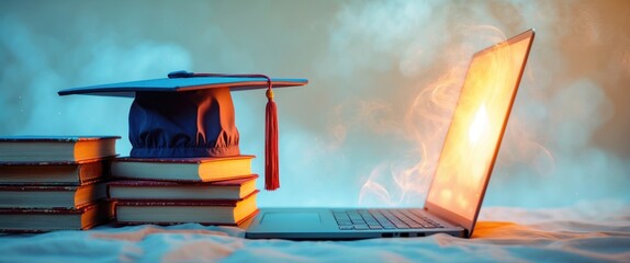 Graduate program abroad to expand learner's world view, e-learning idea. Graduation cap, books on a laptop, illustrates student trying to study remotely or learn from home.