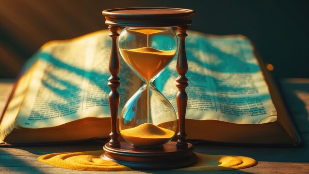 Hourglass and open Bible representing the end times.