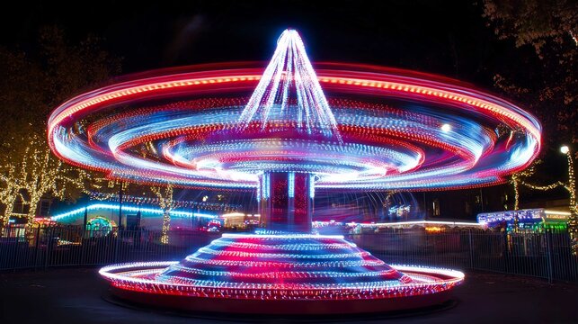 Colorful Night Festival at the Amusement Park with Ferris Wheel and Carousel Rides
