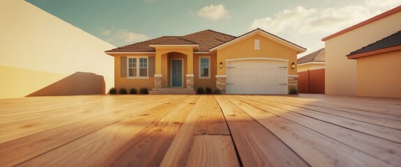 Home for sale, rent-to-own agreement, financial concept. One-story model house on a wood floor, illustrating a buyer acquiring a residential asset for living and investing for personal benefit.