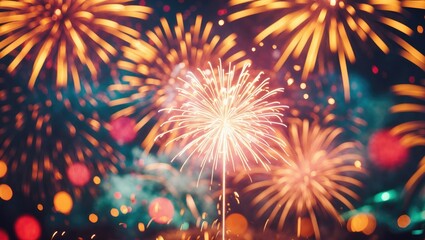 Fototapeta premium Colorful abstract fireworks fill the background, alongside an area without text, representing the concept of a celebration and an anniversary.