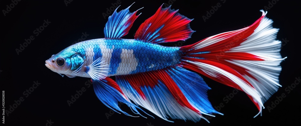 Poster halfmoon betta splendens fighting fish on a plain black background. the dynamic and stunning display