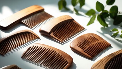 Handcrafted wooden combs and hair combs for hair and personal care against a white background, close-up.
