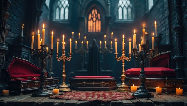 To create a terrifying horror gaming environment, candlesticks illuminate an ancient gothic vampire castle that features Victorian furnishings and coffins.