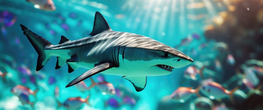 Grey reef shark gliding through the ocean depths. - Powered by Adobe