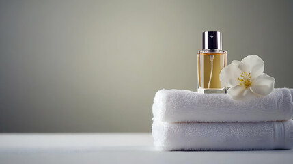 Elegant Perfume Bottle With White Jasmine Flower On Soft White Towels In Gentle Light
