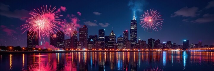 City skyline fireworks reflection, vibrant festive night, spectacular, burst, city