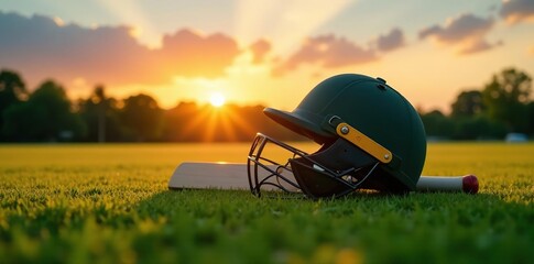 Cricket helmet and bat resting on lush green outfield at sunset , green, nature