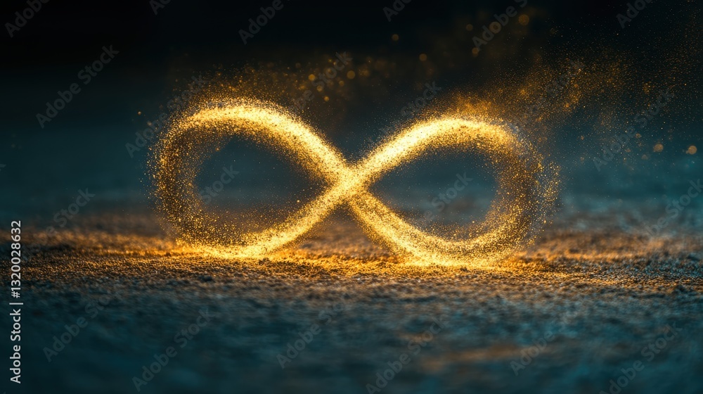 Poster golden infinity symbol created with sparkling dust against a dark background in a magical and mystic