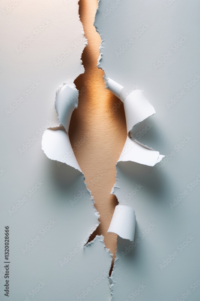 Poster hole torn in white paper set against a white background with space for text.