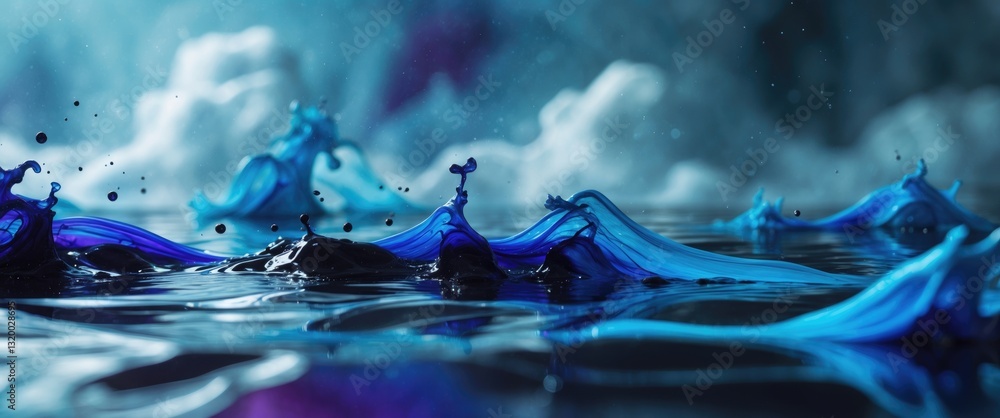 Poster ink in water, macro view. abstract background. blue paint merging with water. abstract clouds within