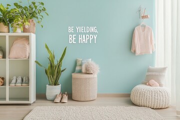 Pastel room interior with inspirational quote, plants, storage, and seating.