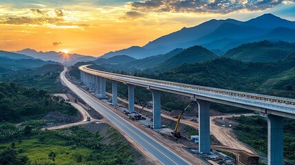 Obraz premium Scenic Sunset Over Elevated Highway in Mountainous Landscape