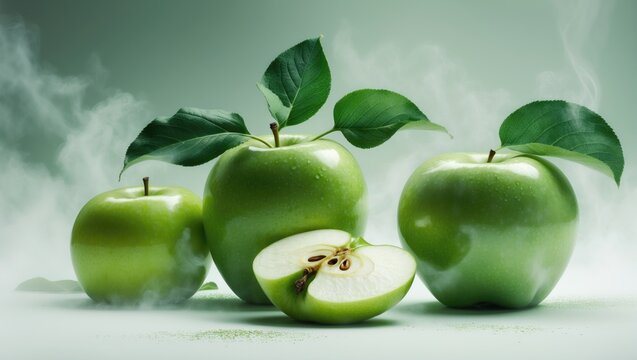 Green apple isolated. Whole, half, and sliced apples against a white backdrop. Set of green apples.