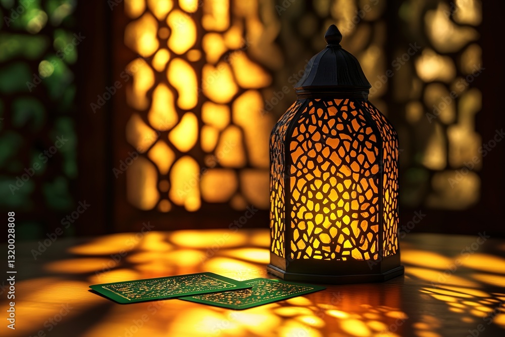 Poster illuminated lantern casting intricate shadows creating a warm and inviting ambiance