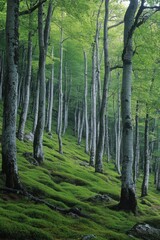 Obraz premium Green moss in forest. Trees grow. Quiet nature. Calm scene. Woodland with tall trunks. Spring season. Fresh air. Beautiful light. Hike in woods.