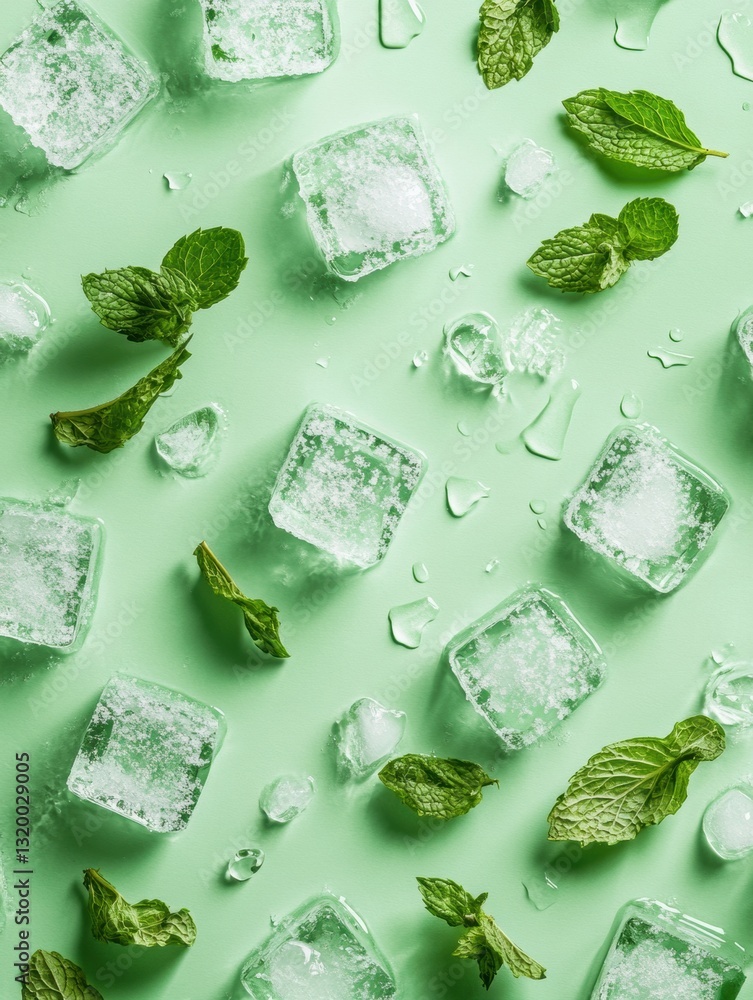 Poster Top view of ice cubes and mint leaves on light green background creating a refreshing and cool atmosphere for summer beverages