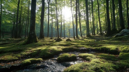 Obraz premium Green forest scene with sunlight through trees. Moss covered ground. Stream flowing. Nature background. Tranquil outdoor environment. Peaceful forest.