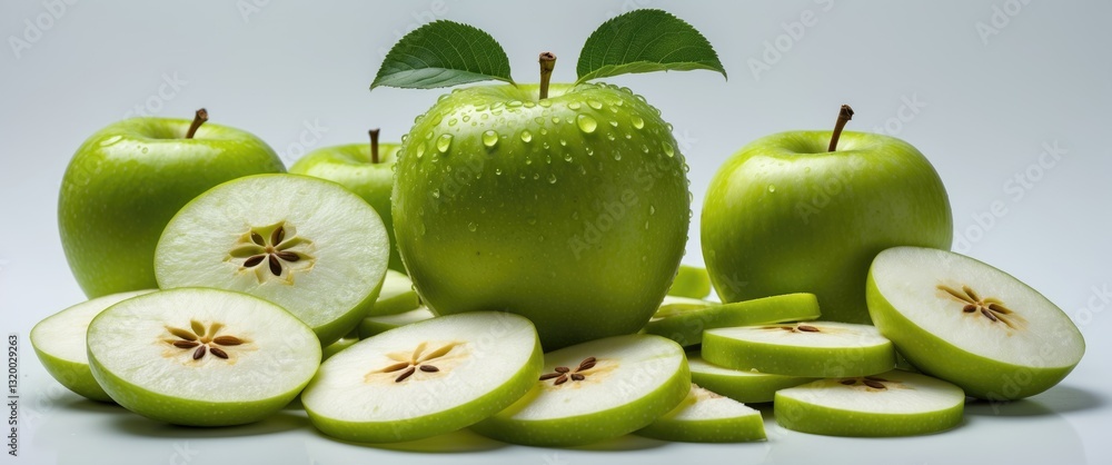 Poster green apple features water drops with a collection of slices isolated on a background. clipping path