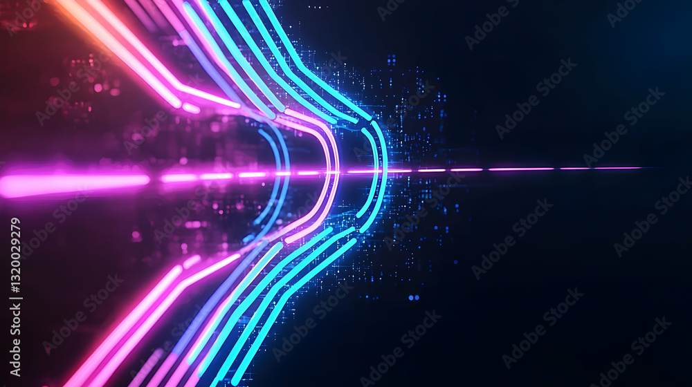 Poster vivid neon light trails converging in a dark abstract tunnel with colorful glowing lines and particl