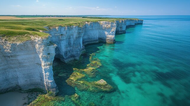 Cliff landscape. White cliffs over clear turquoise sea. Green grass covers the top. Rocky coastline. Ocean view. Water and rock formation.