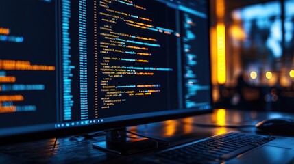 A close-up of a computer screen displaying colorful code in a dark environment.
