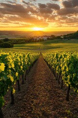 Fototapeta premium Vineyard at Sunset. Rows of vines in a field. Sun setting over the valley and grapevines. Golden light bathes the landscape.