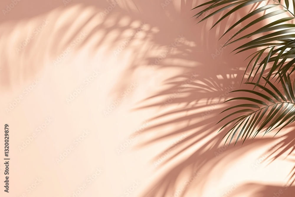 Poster botanical shadows cast by a palm branch create a delicate pattern on a peach wall