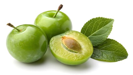 Fresh Greengage Plum on White Background