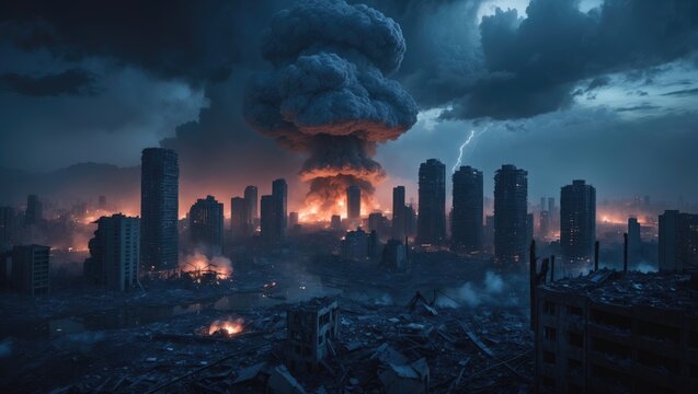 Fototapeta Imagine a nuclear conflict. The impact of a nuclear bomb explosion. Apocalyptic imagery of a bombing. Nighttime as the period of day. A city devastated by war.