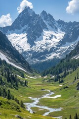 Obraz premium Mountain peak with snow. Green valley with a river flowing through the trees and grass. Blue sky above in summer.