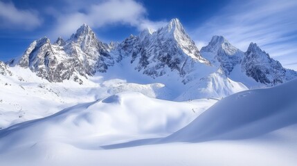 Snowy Mountain Landscape. High mountain peaks covered with snow under bright blue sky. Beautiful winter scene with snow hills and mountain background.