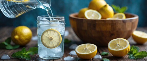Homemade lemonade with lemon and mint in a mason jar on a wooden surface. Refreshing beverage. Ingredients for making lemonade.