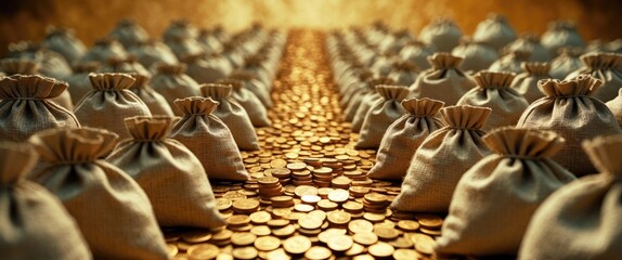 Government income tax collection concept. Burlap tax bags lined on rising coins, illustrating the imposition of taxes aimed at generating revenue for governance or adjusting prices to influence dem...