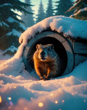 Groundhog Coming Out of a Snowy Burrow