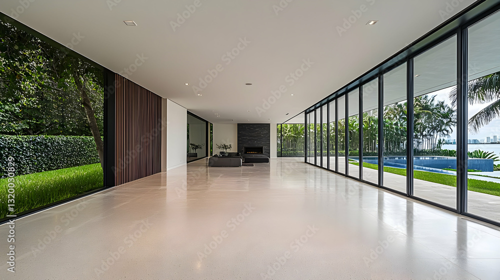 Poster spacious modern interior with large windows and a view of the pool and landscape design