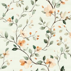 Peach blossom watercolor floral seamless pattern.