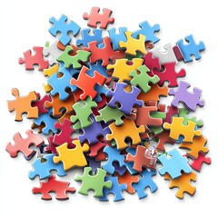 Pile of colorful puzzle pieces scattered, isolated on white background, vector style, playful and engaging