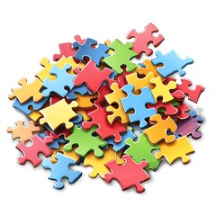 Pile of colorful puzzle pieces scattered, isolated on white background, vector style, playful and engaging