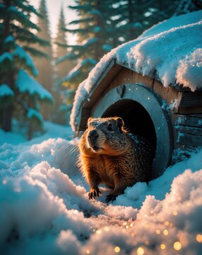 Groundhog Appearing from a Snow-Laden Den