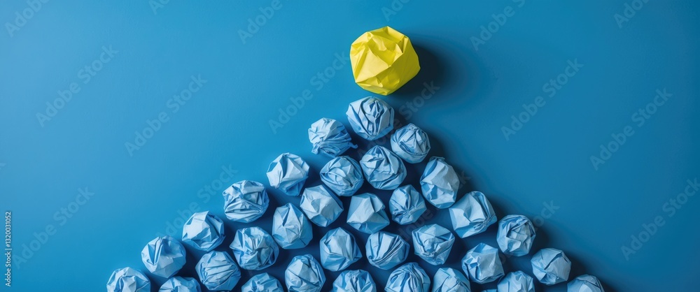 Poster concepts of idea and creativity featuring a paper crumpled ball arranged in a mountain shape. think 