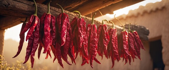 Harvest - drying chiles arranged in ristras.
