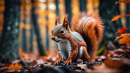 Fototapeta premium In autumn, the red squirrel in its natural habitat in the forests. A close-up of a squirrel. Rich, warm tones fill the woods.